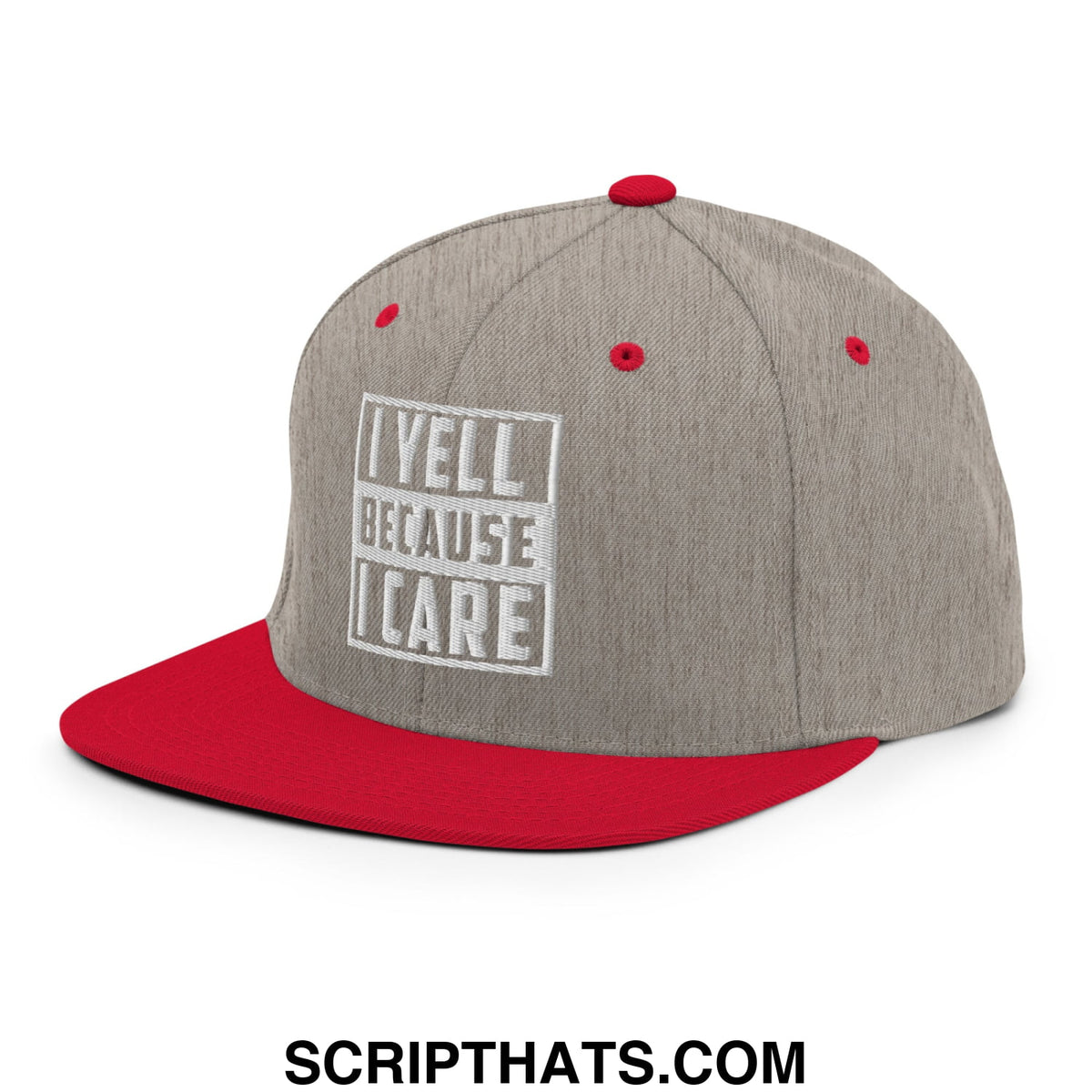 Gray and red snapback hat with white embroidered i yell because i care logo and flat bill brim design