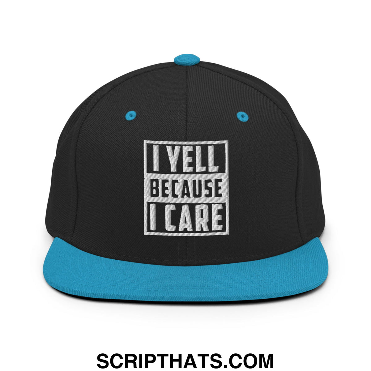 Black snapback cap with teal brim and button featuring embroidered white bold text i yell because i care