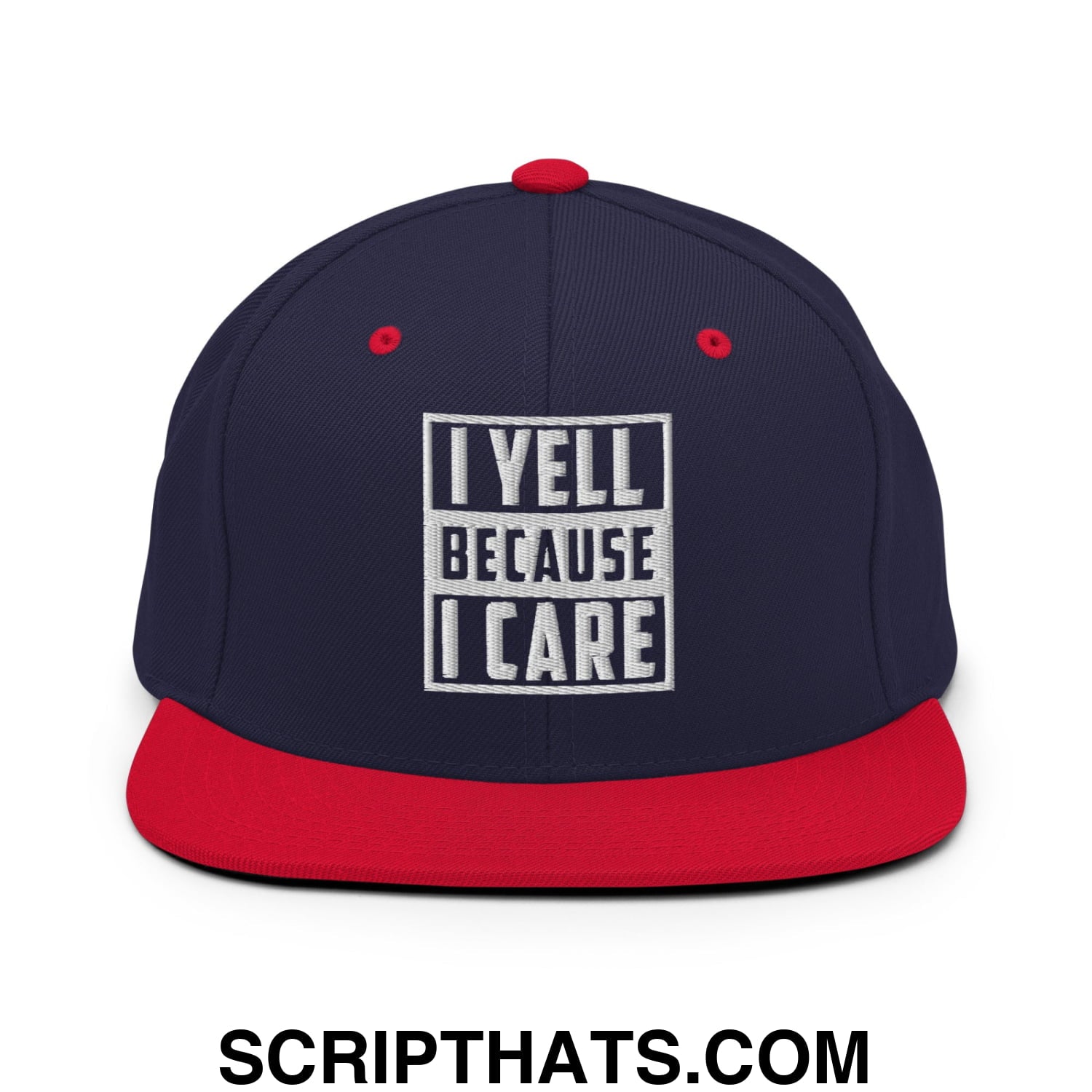 I Yell Because I Care Embroidered Flat Bill Brim Snapback Hat Navy Red