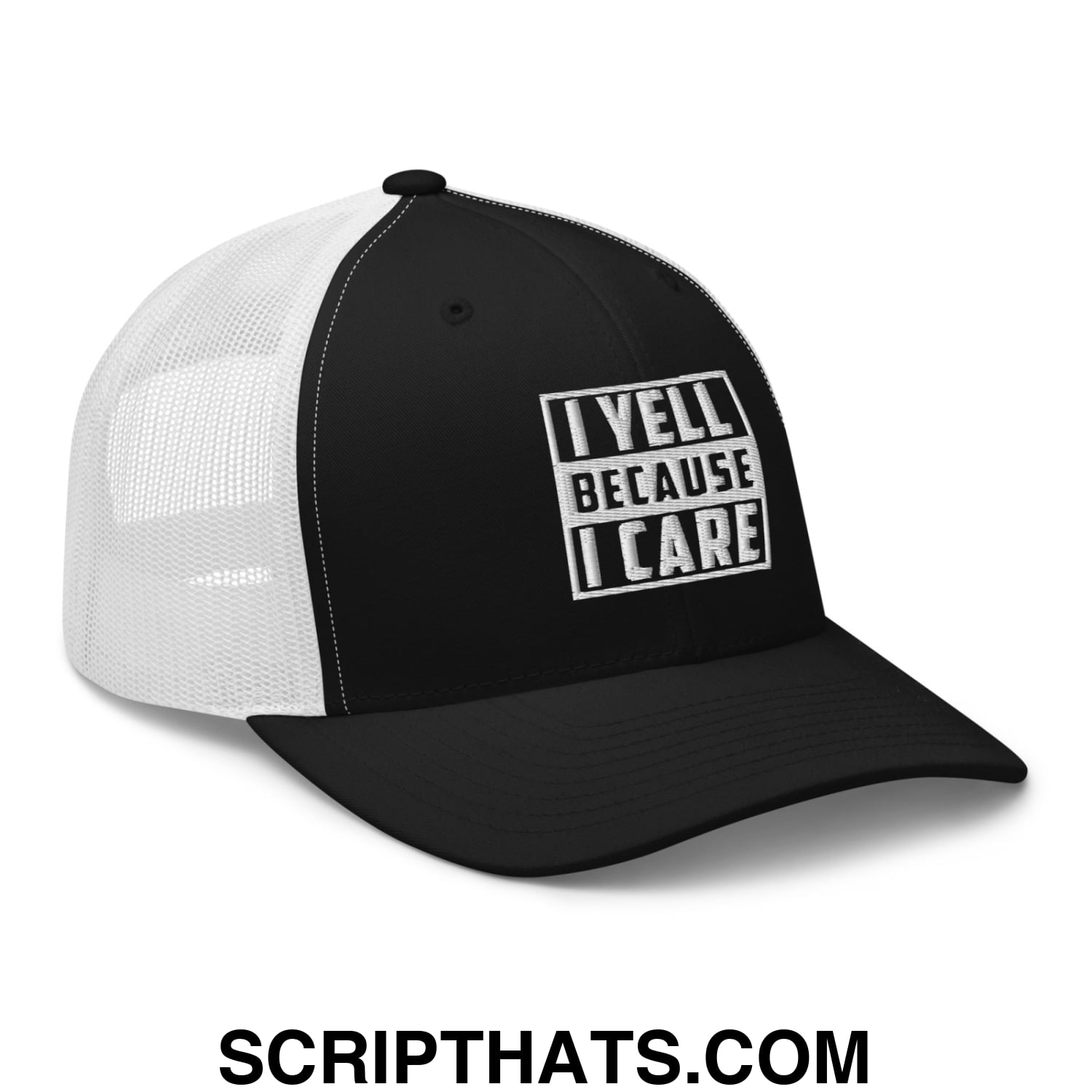 I Yell Because I Care Embroidered Mesh Trucker Hat Black White
