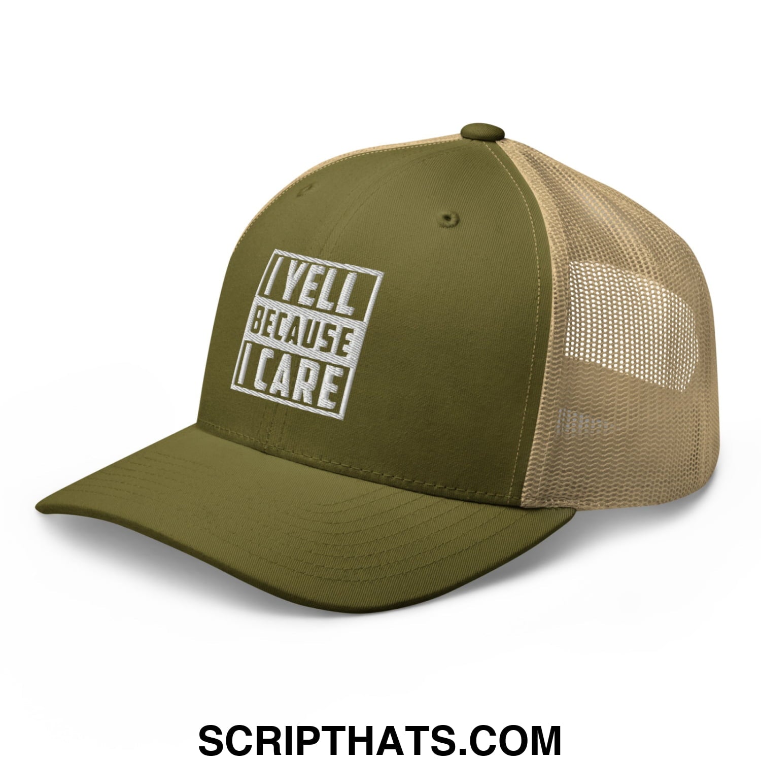 I Yell Because I Care Embroidered Mesh Trucker Hat Moss Khaki