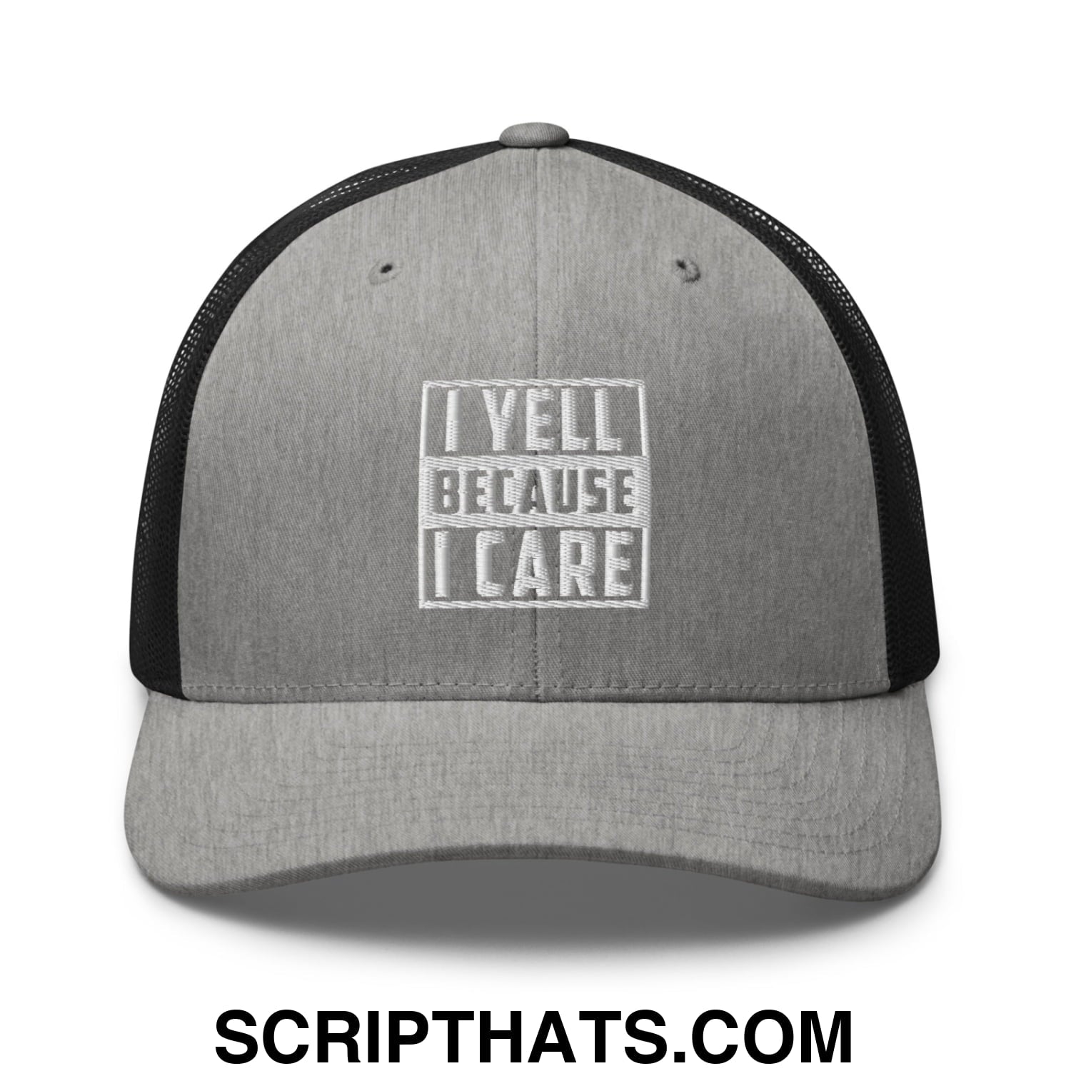 I Yell Because I Care Embroidered Mesh Trucker Hat Heather Black