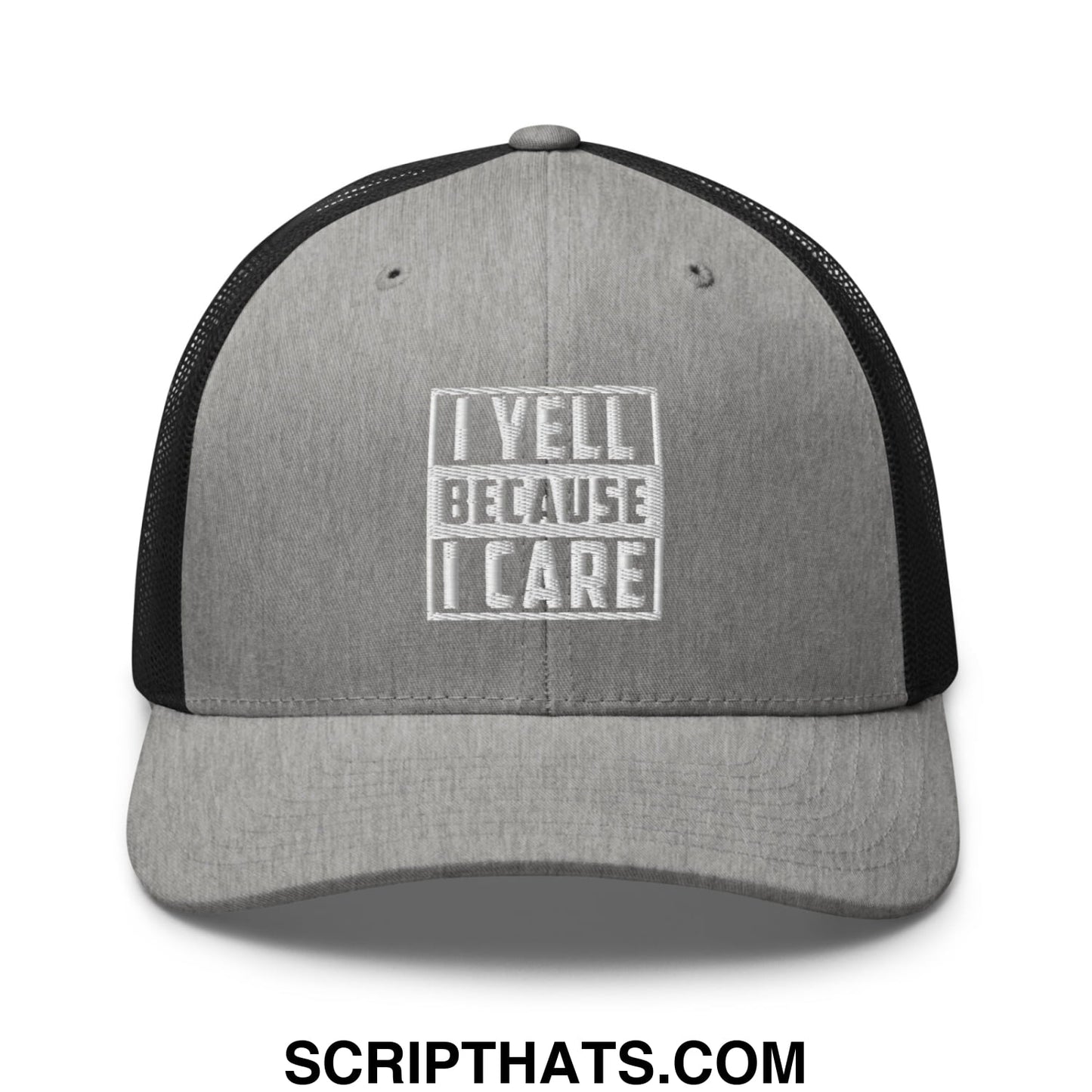 I Yell Because I Care Embroidered Mesh Trucker Hat Heather Black