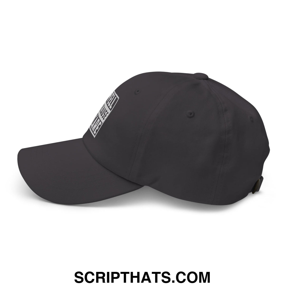 Black unstructured dad hat with a white rectangular logo on the side embroidered with i yell because i care design