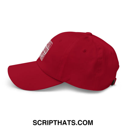 Red unstructured dad hat with white embroidered logo on the side for the i yell because i care design