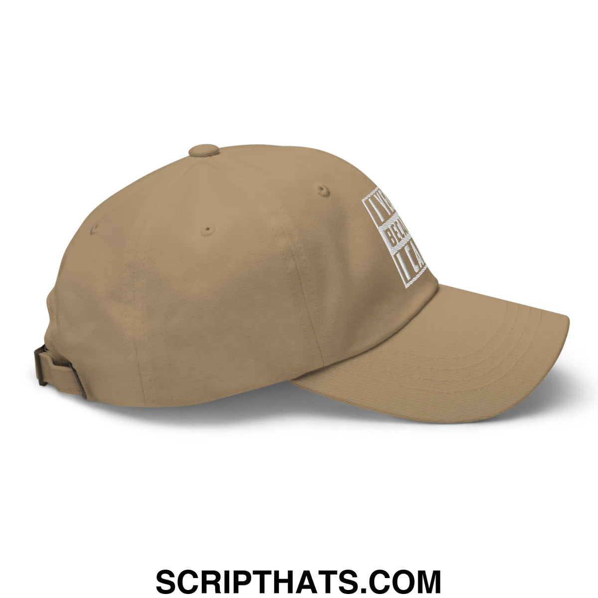 Tan unstructured dad hat with white embroidered I yell because I care logo on the front for casual wear