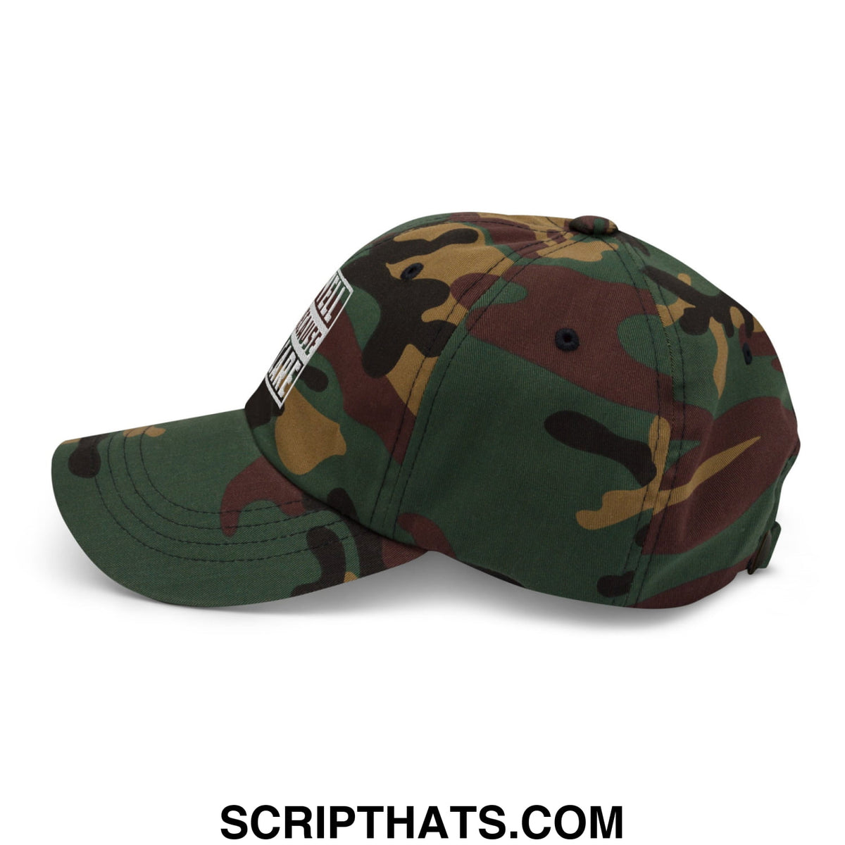 I yell because I care embroidered unstructured dad hat in green brown and tan camouflage baseball cap design