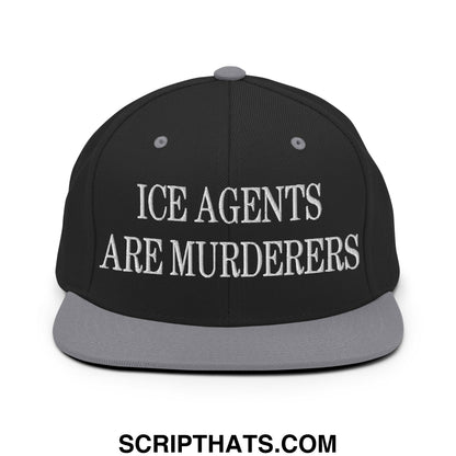 Black snapback cap with gray brim and embroidered white ice agents are murderers text on front panel
