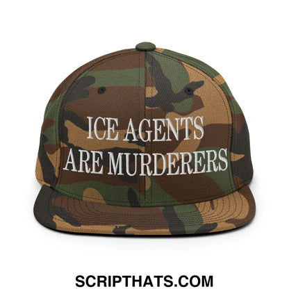 Camouflage snapback hat with white embroidered text ice agents are murderers flat bill brim design