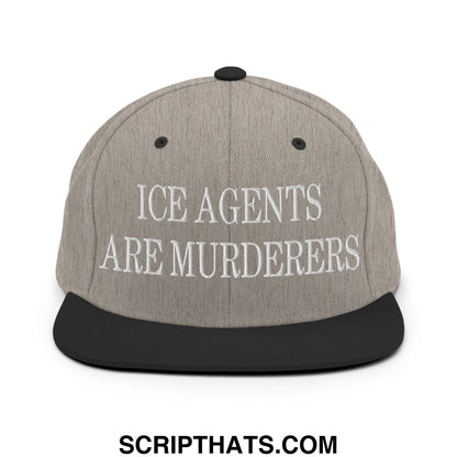 Gray heather snapback hat with black brim featuring embroidered white text ice agents are murderers flat bill brim