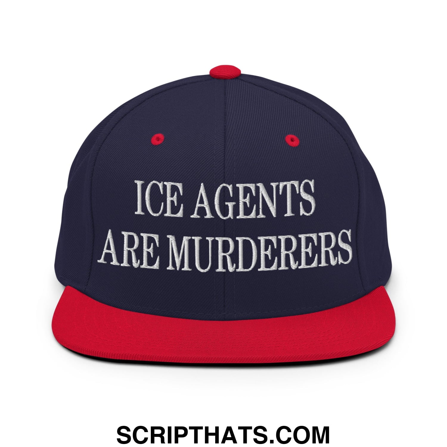 Navy blue and red snapback hat with white embroidered text ice agents are murderers flat bill brim design