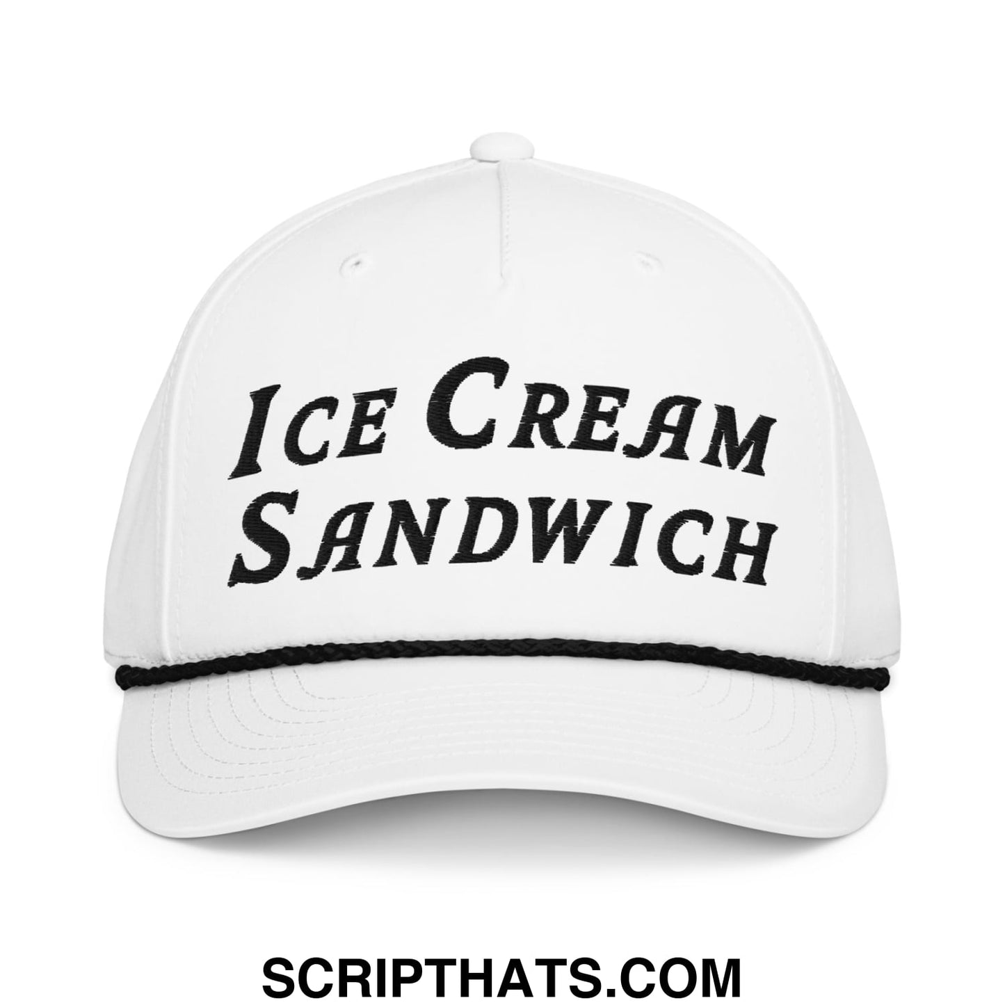 White golf rope hat with black ice cream sandwich embroidery and matching black brim trim for stylish sun protection