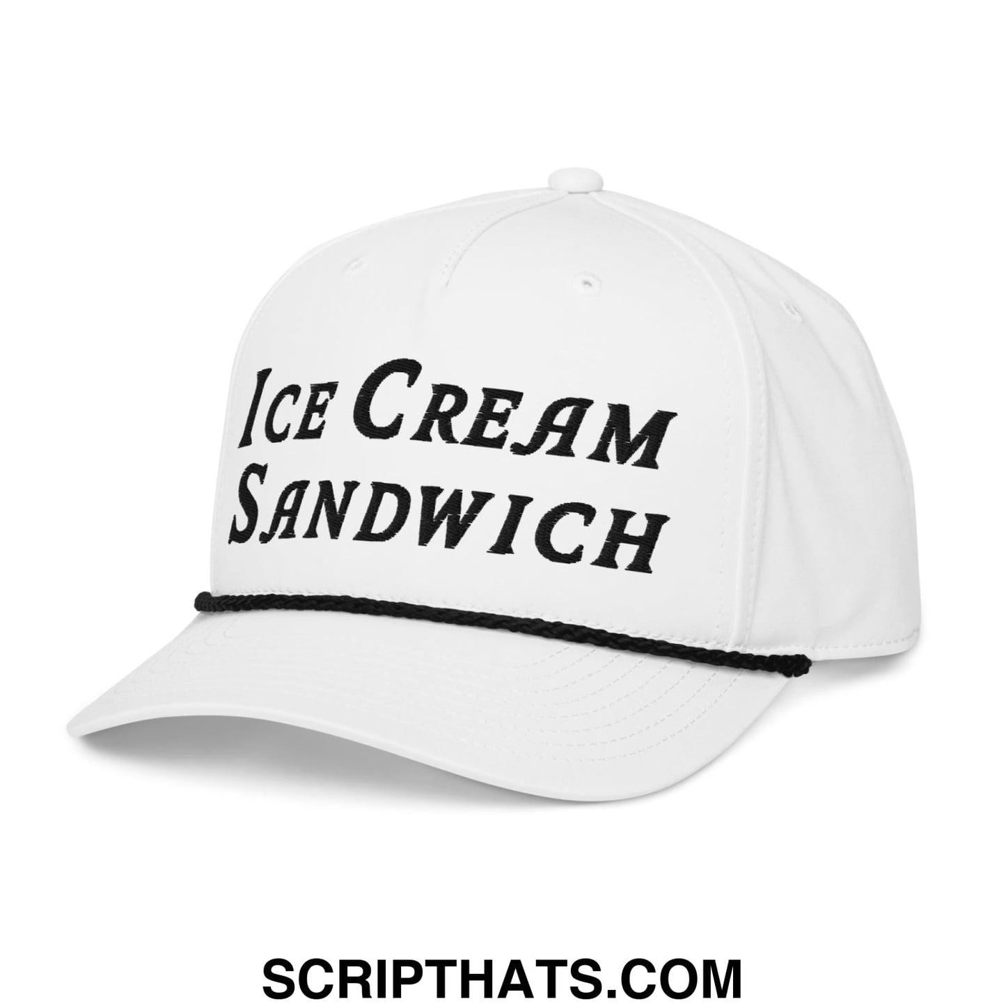 White embroidered golf rope hat with black ice cream sandwich script and thin black brim trim