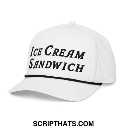 White embroidered golf rope hat with black ice cream sandwich script and thin black brim trim