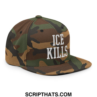 Camouflage snapback hat with ice kills embroidered in white on a flat bill brim designed for casual wear