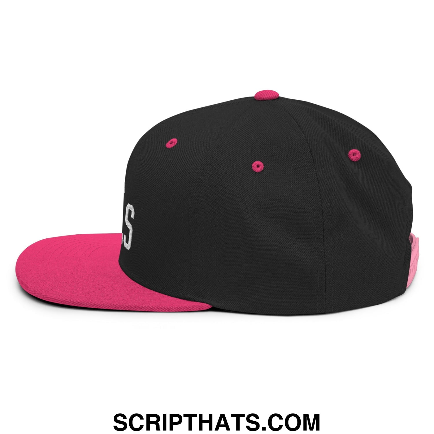 Black and pink ice kills embroidered flat bill snapback hat with bright pink brim, button, and eyelets