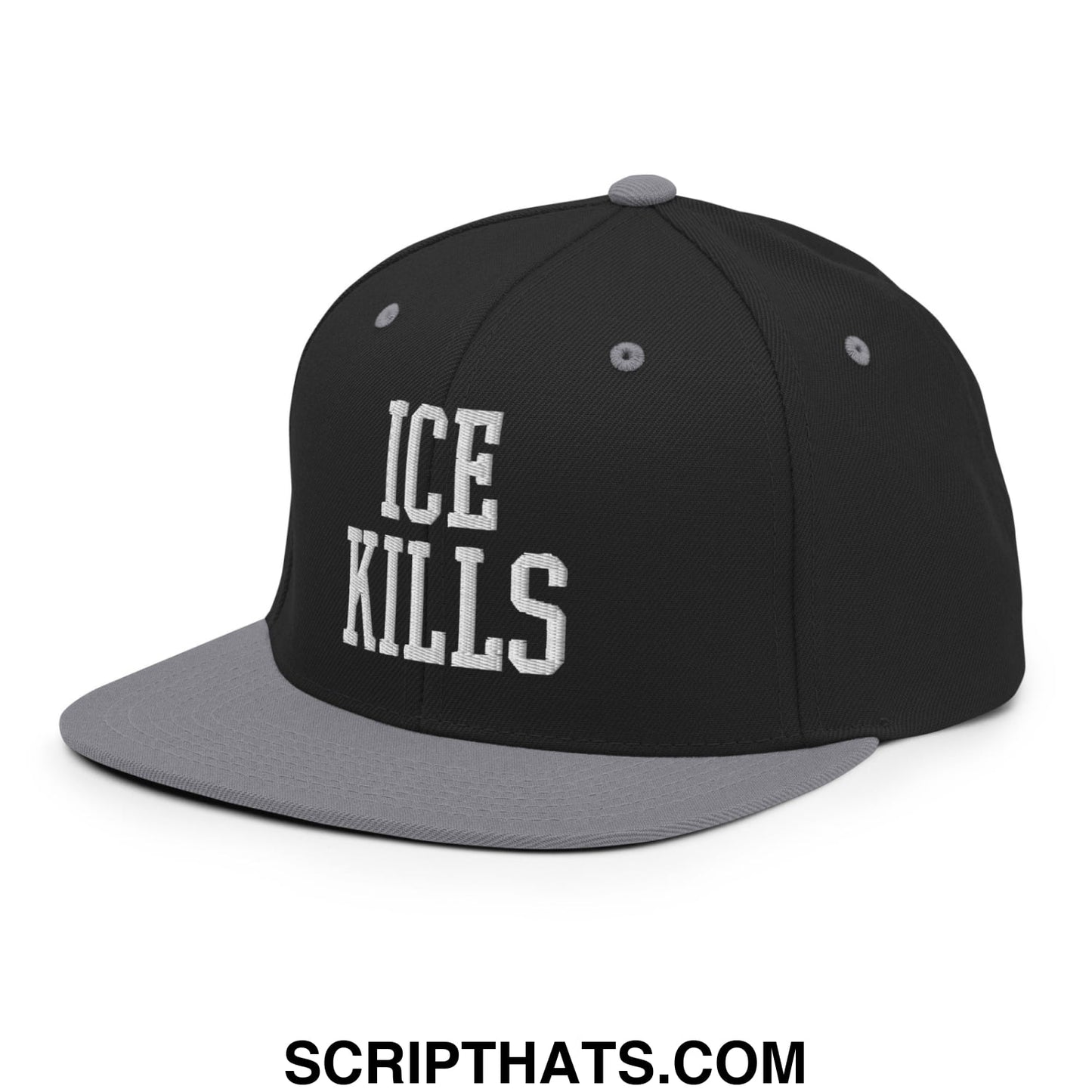Black and gray snapback hat with ice kills embroidered in white on flat bill brim for casual wear