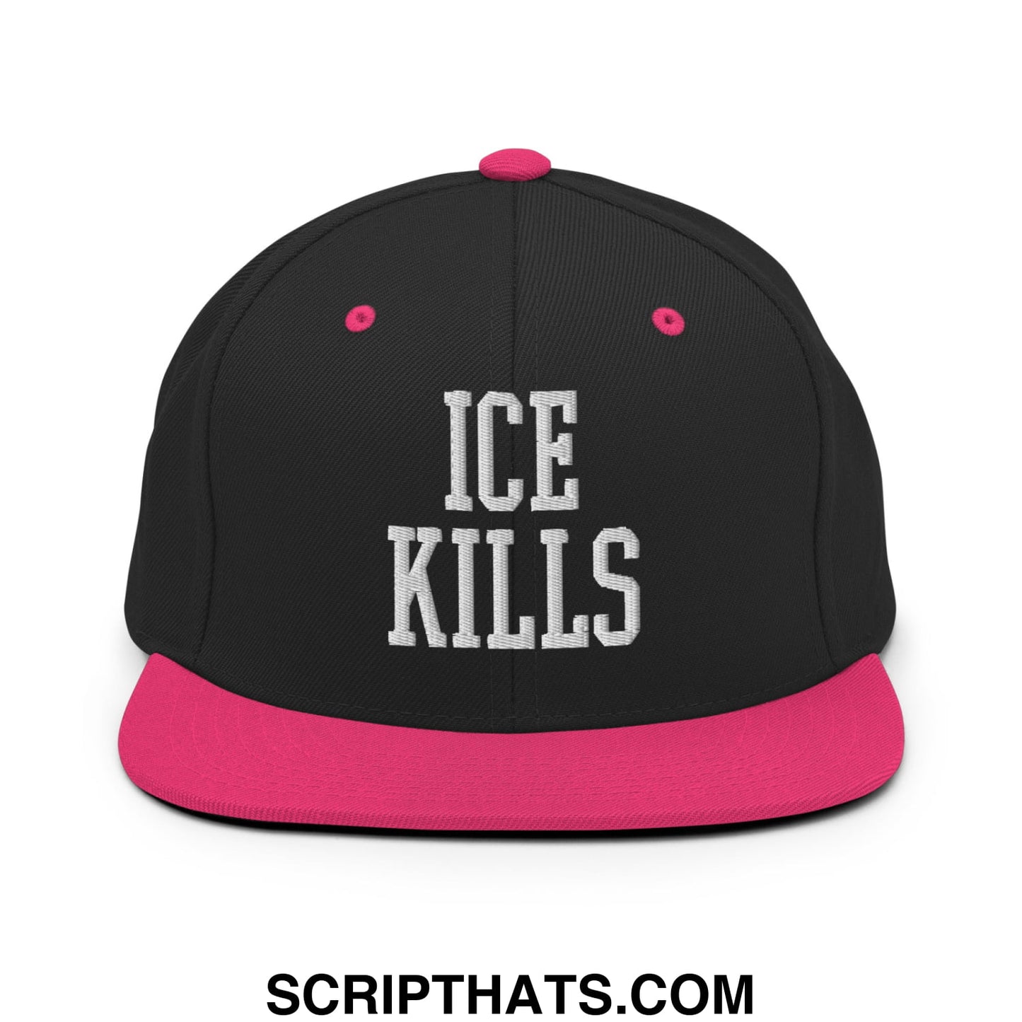 Black snapback hat with vibrant pink flat bill brim and ice kills embroidered in bold white lettering