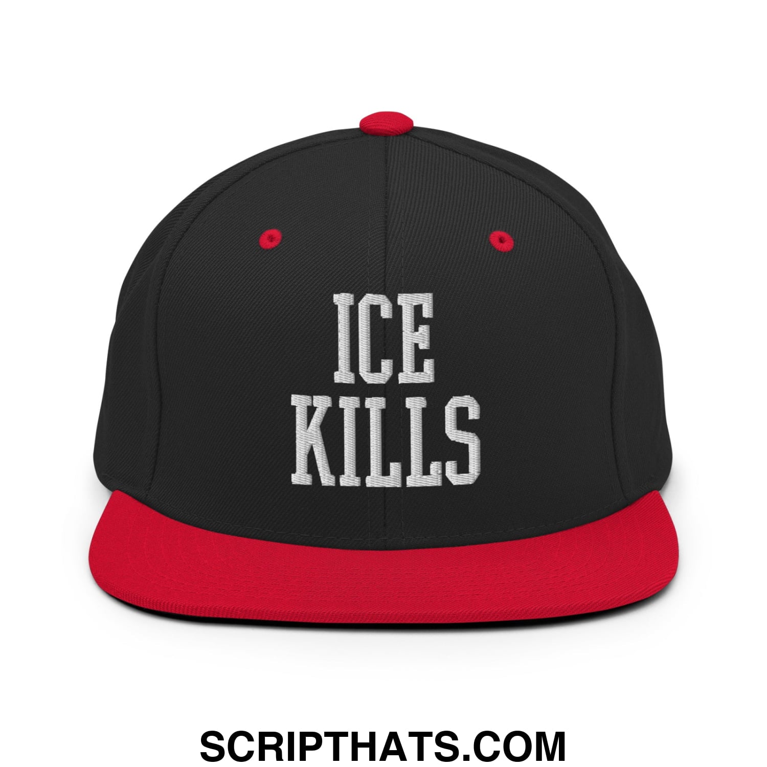Black and red snapback hat with ice kills embroidered in white flat bill brim for casual streetwear use