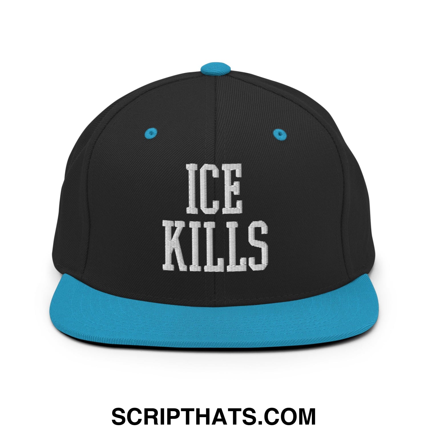 Black flat bill snapback hat with teal brim and button featuring ice kills embroidered in bold white lettering