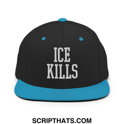 Black flat bill snapback hat with teal brim and button featuring ice kills embroidered in bold white lettering