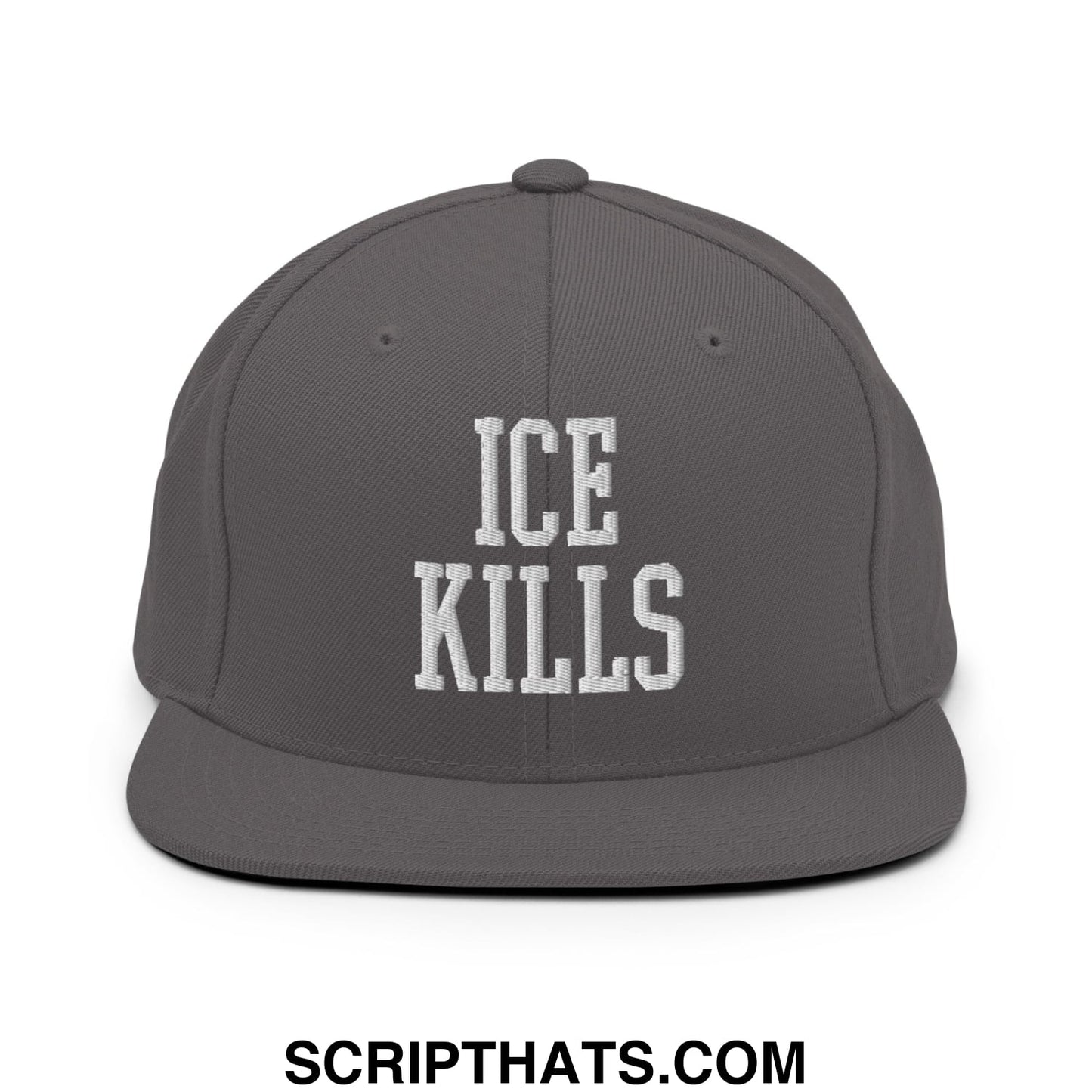 Gray snapback hat with white embroidered ice kills text and flat bill brim for casual streetwear style