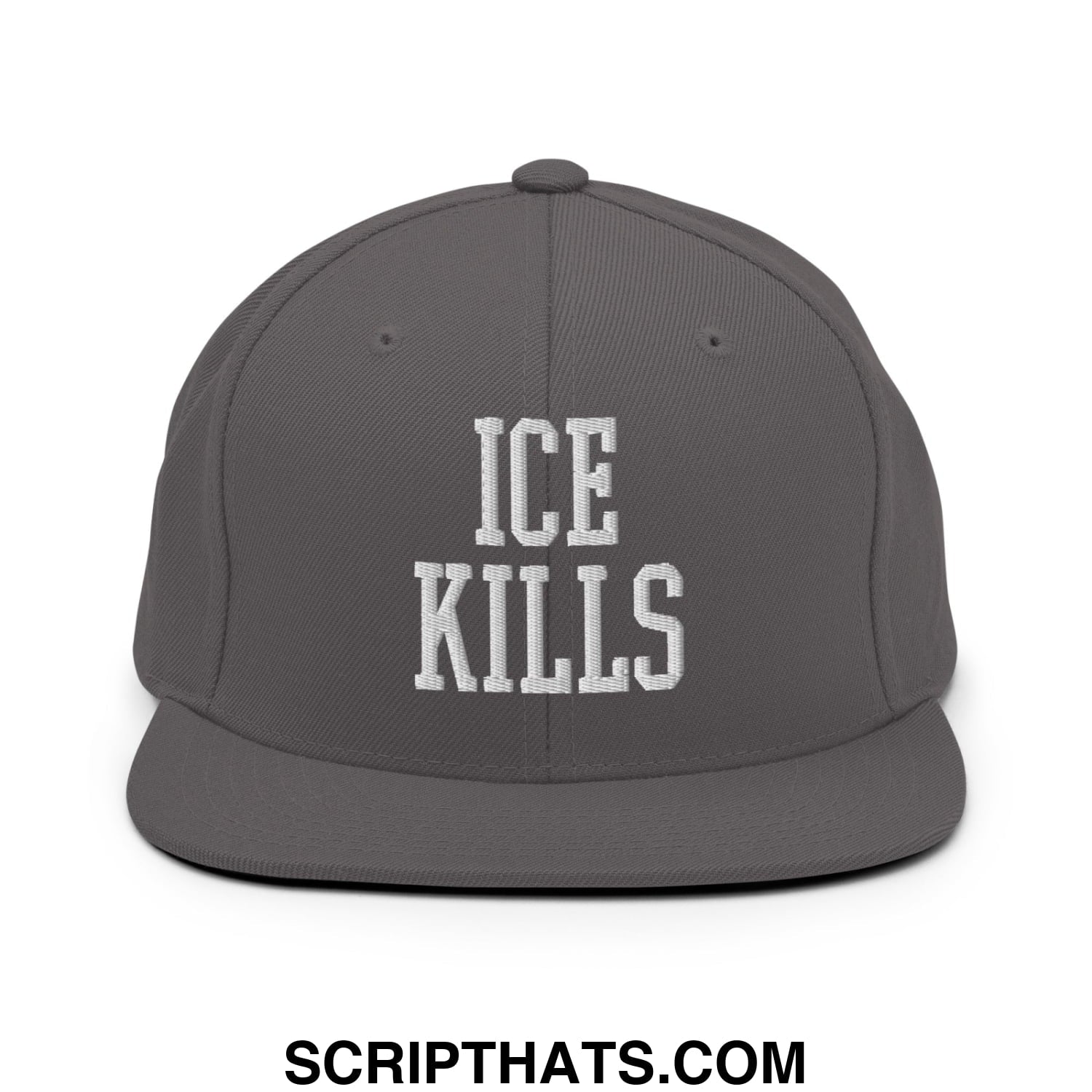 Gray snapback hat with white embroidered ice kills text and flat bill brim for casual streetwear style