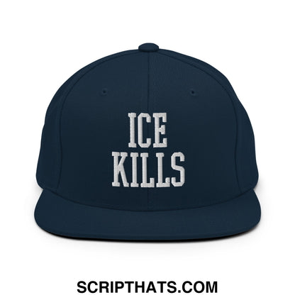 Navy blue snapback hat with white embroidered ice kills text and flat bill brim for casual wear