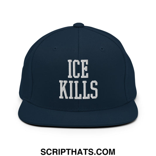 Navy blue snapback hat with white embroidered ice kills text and flat bill brim for casual wear