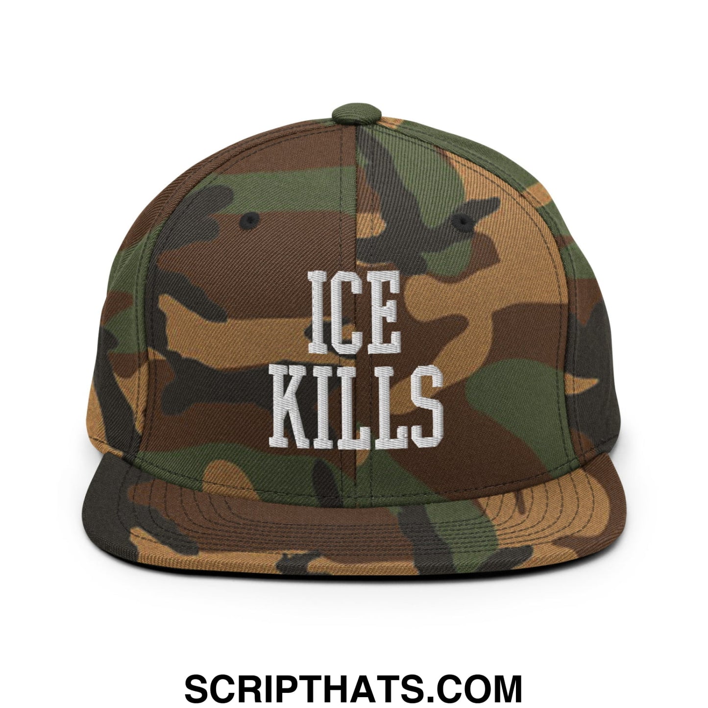 Camouflage-patterned snapback hat with ice kills embroidered in white on the flat bill brim