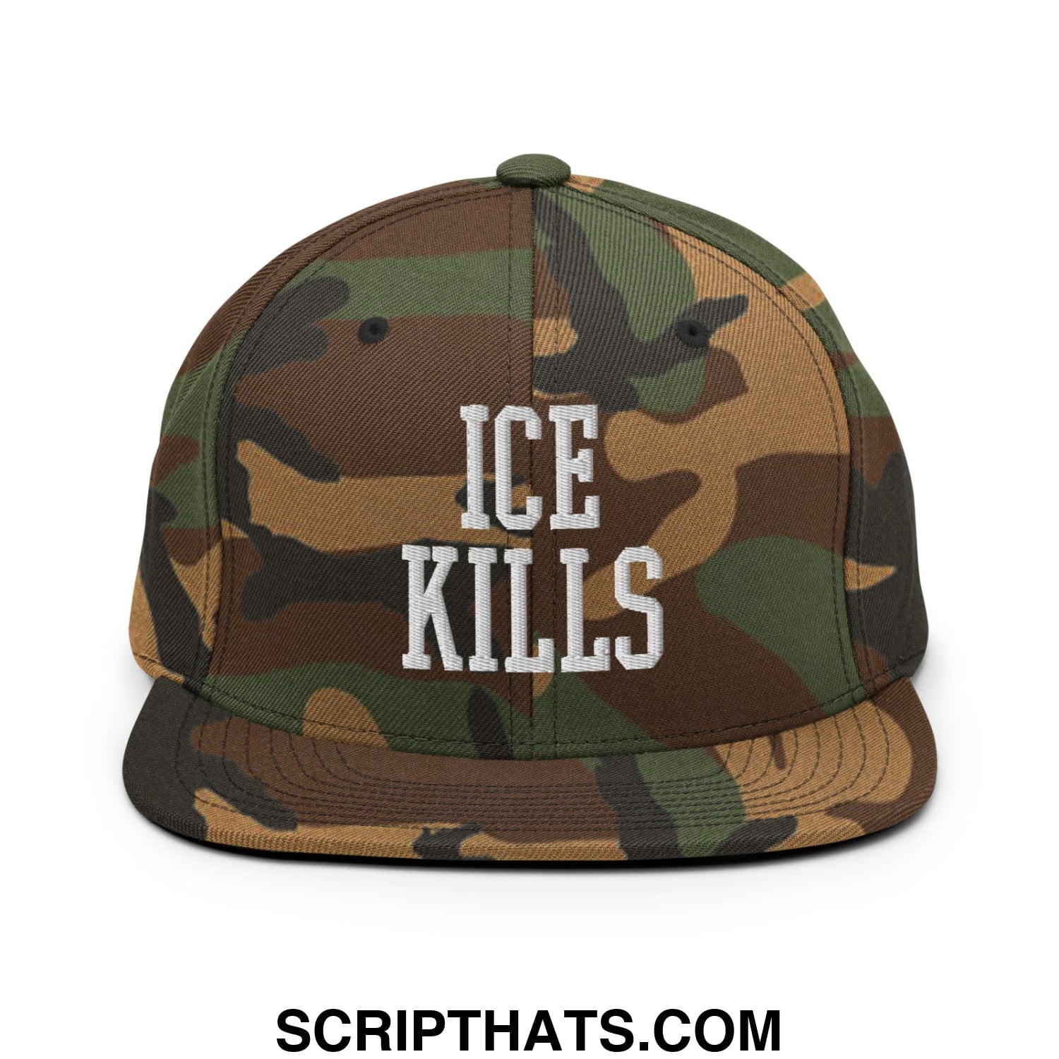 Camouflage-patterned snapback hat with ice kills embroidered in white on the flat bill brim