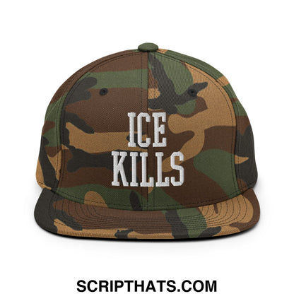 Camouflage-patterned snapback hat with ice kills embroidered in white on the flat bill brim