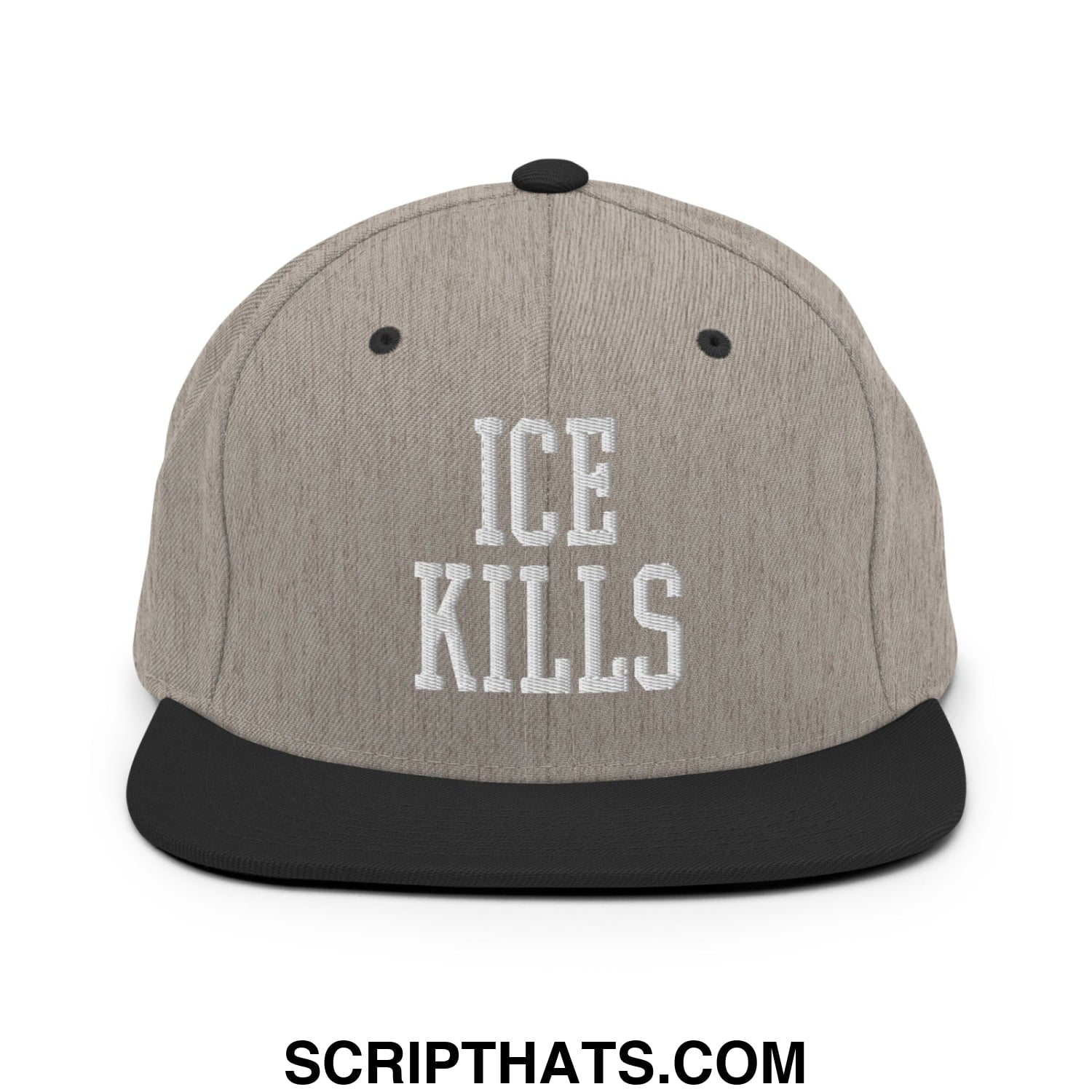 Gray and black snapback hat with ice kills embroidered in white on a flat bill brim for casual wear