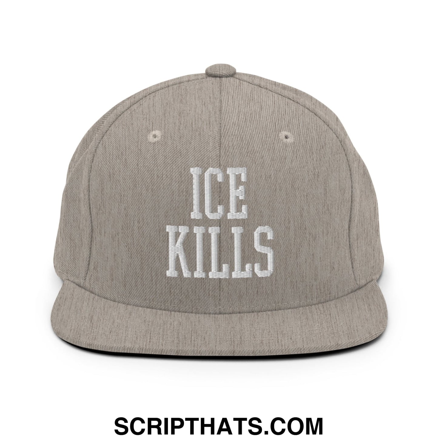 Gray snapback cap with white embroidered ice kills text and flat bill brim in a streetwear style design