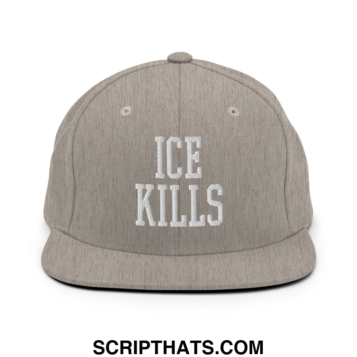 Gray snapback cap with white embroidered ice kills text and flat bill brim in a streetwear style design