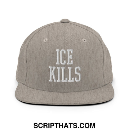Gray snapback cap with white embroidered ice kills text and flat bill brim in a streetwear style design