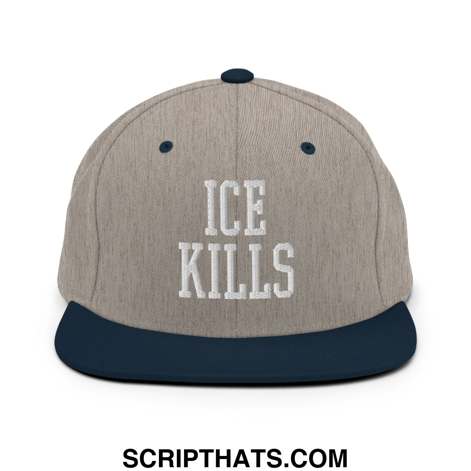 A gray and navy blue ice kills embroidered flat bill brim snapback hat with a white embroidered front logo
