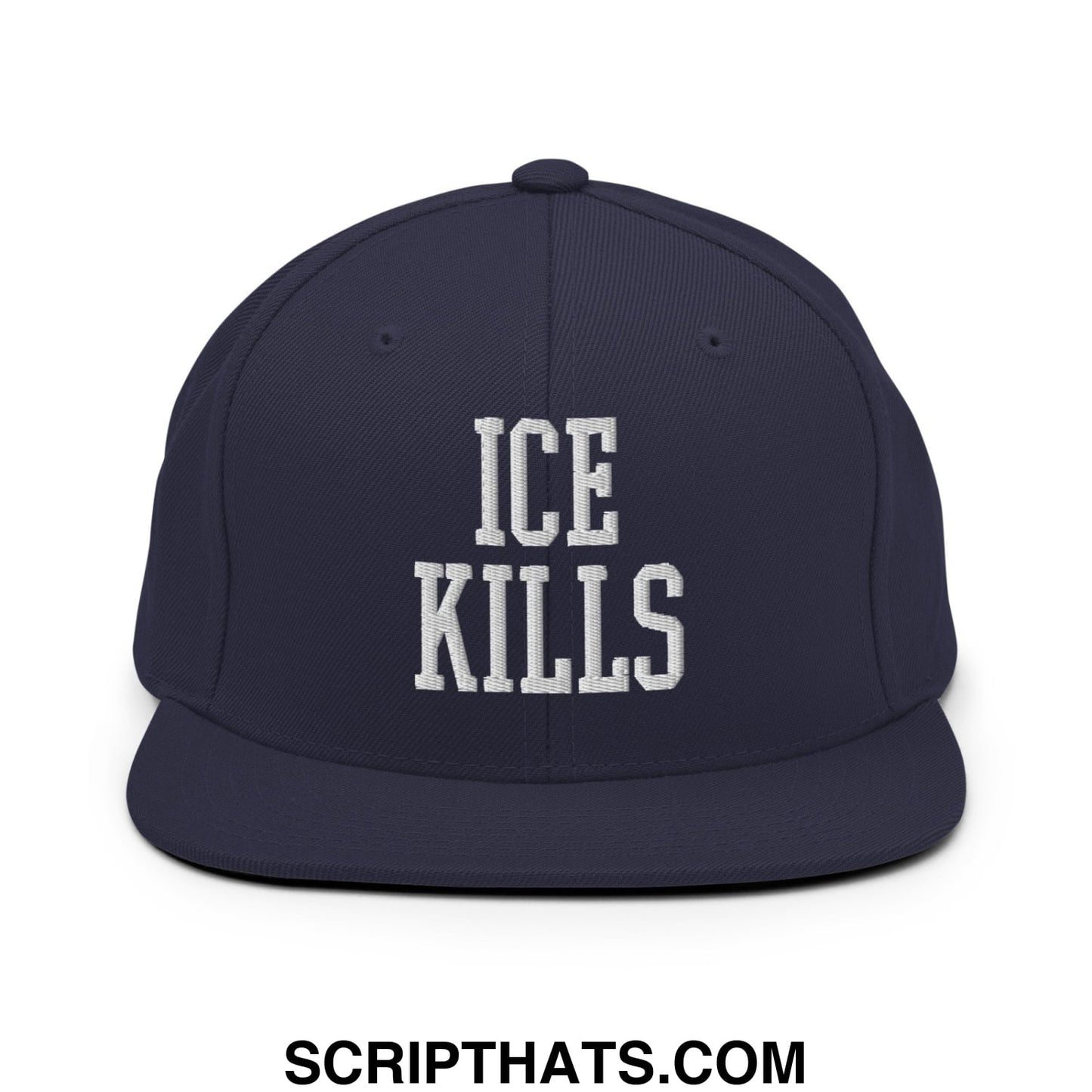 Navy blue snapback hat with white embroidered ice kills text and flat bill brim for casual wear