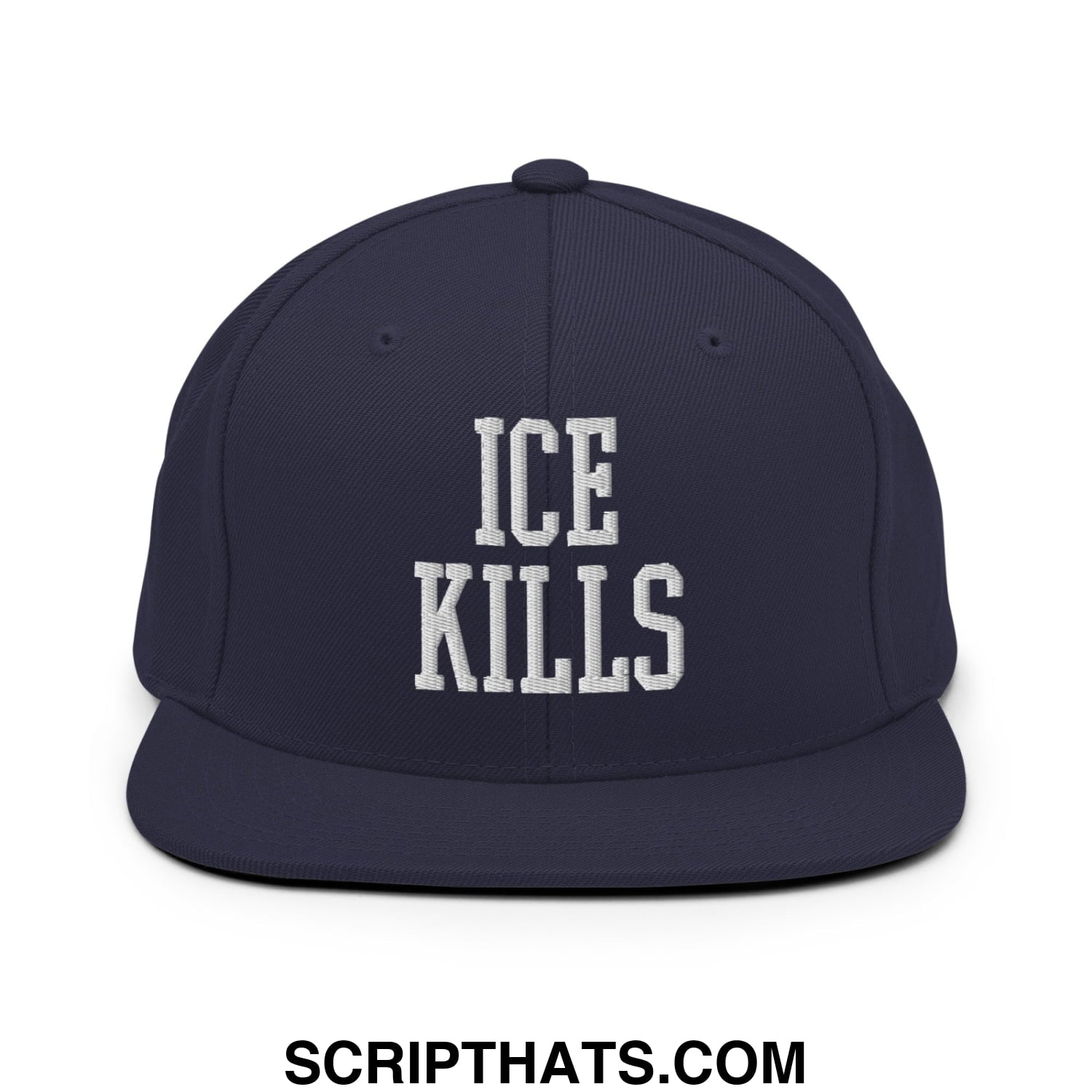 Navy blue snapback hat with white embroidered ice kills text and flat bill brim for casual wear