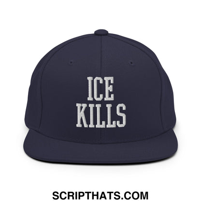 Navy blue snapback hat with white embroidered ice kills text and flat bill brim for casual wear