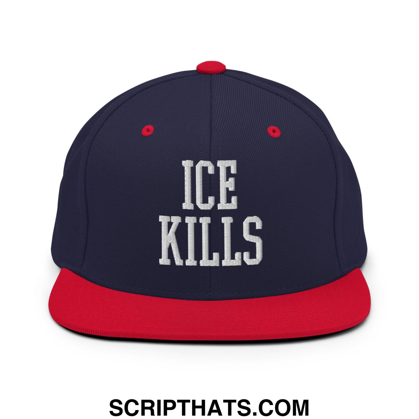 Navy blue and red snapback hat with ice kills embroidered in white on flat bill brim for casual wear