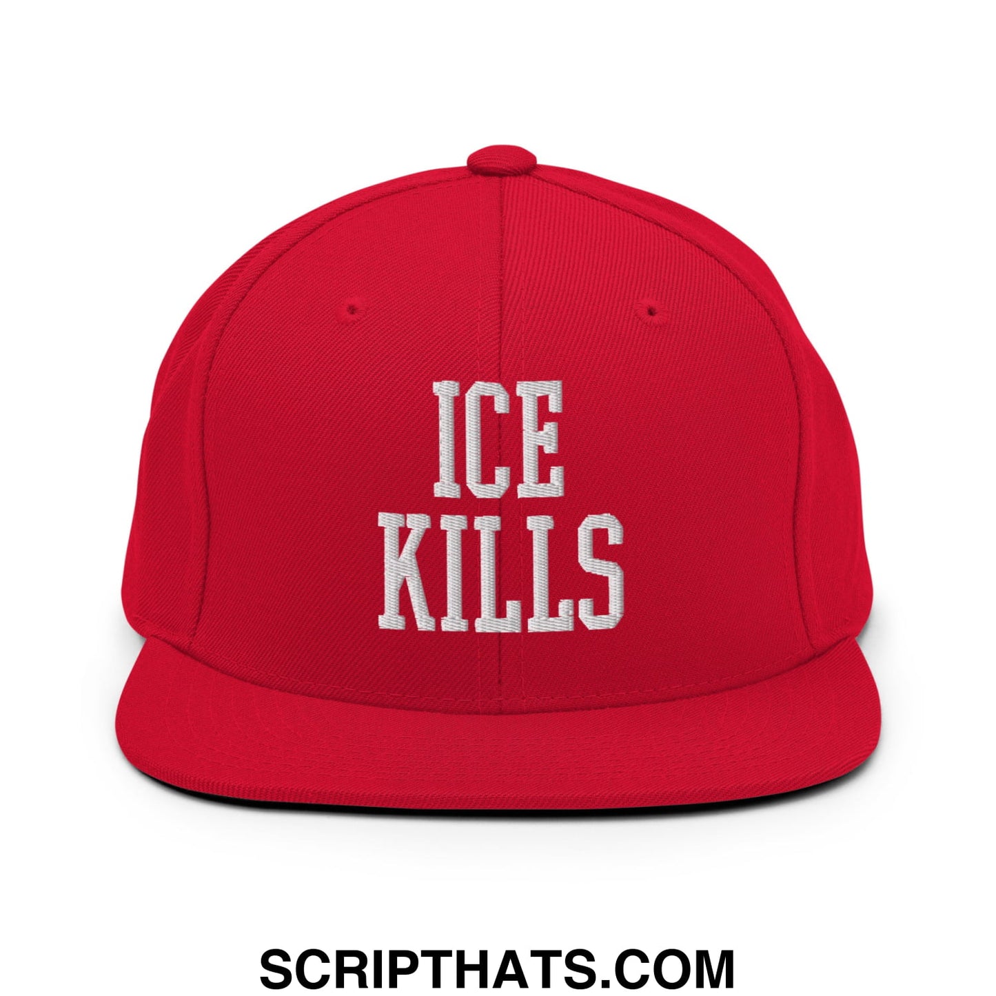 Red snapback cap with white embroidered ice kills text and flat bill brim in a casual streetwear style