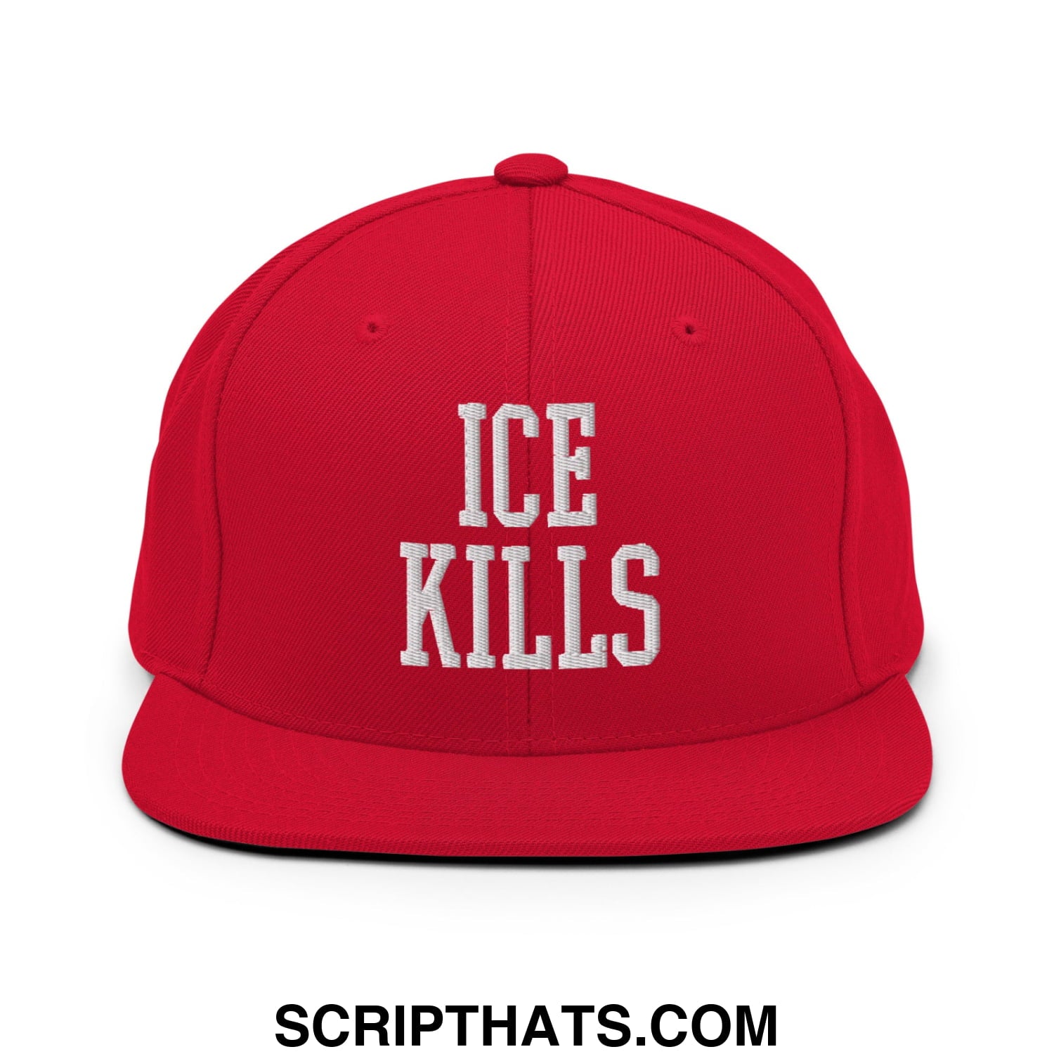 Red snapback cap with white embroidered ice kills text and flat bill brim in a casual streetwear style