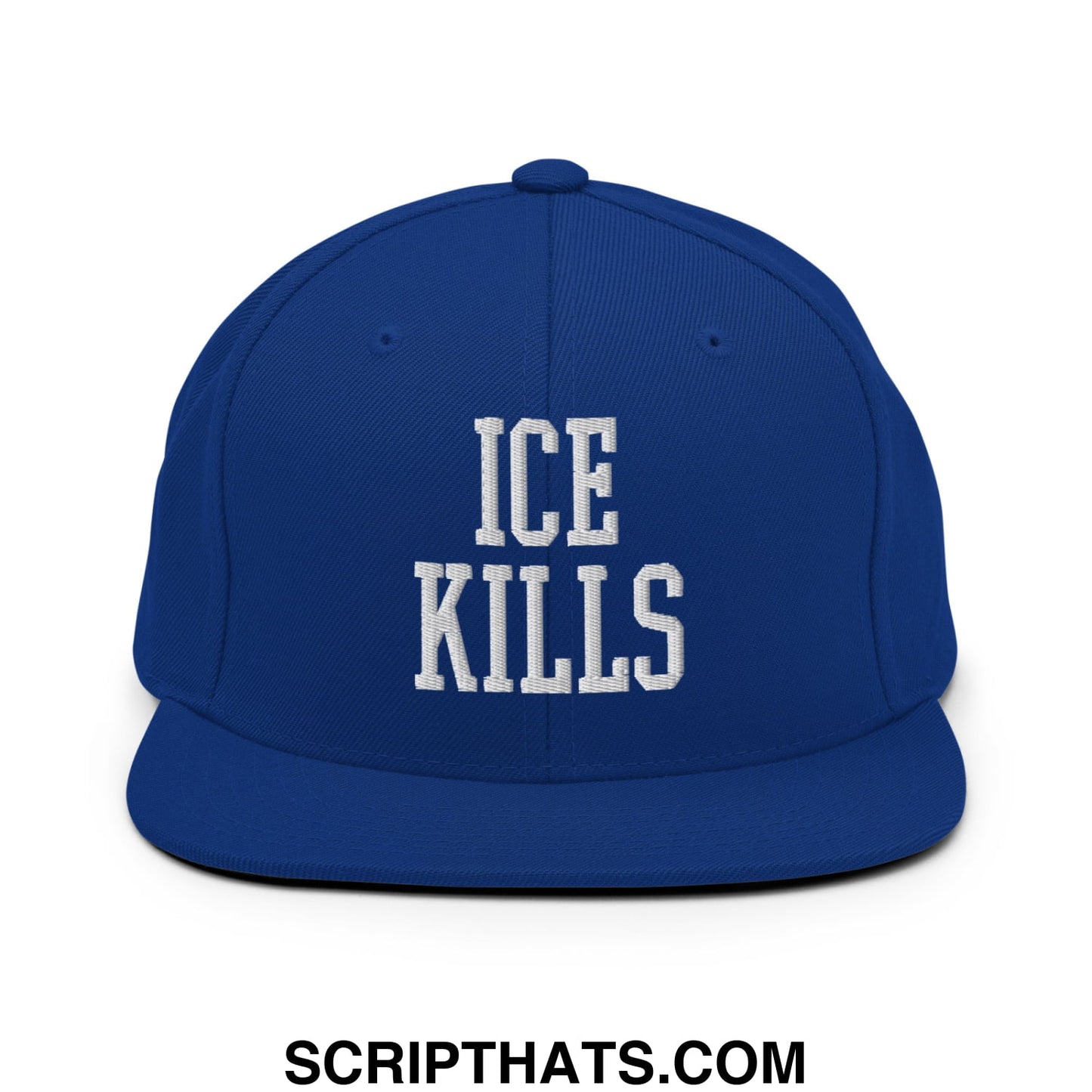 Royal blue snapback hat with white embroidered ice kills text and flat bill brim for casual wear