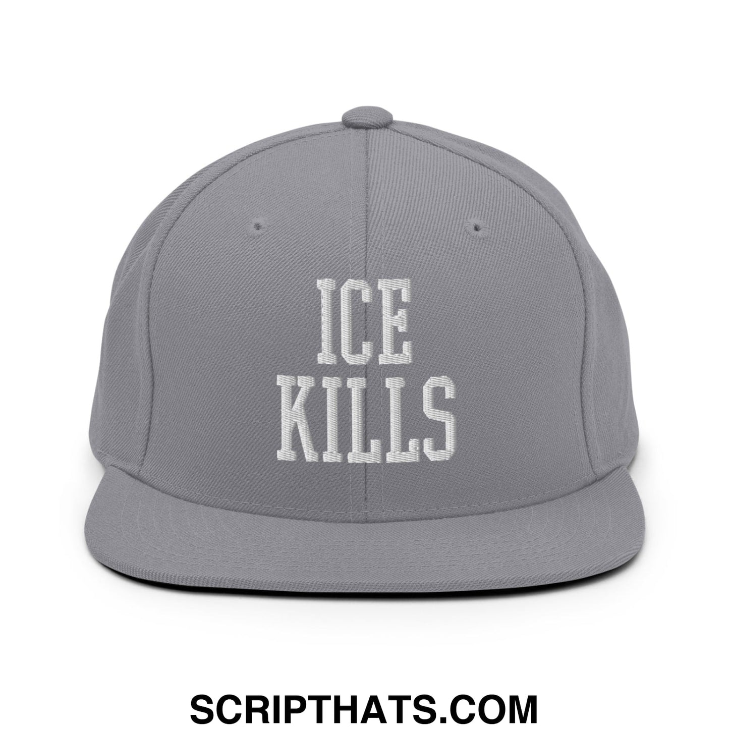 Gray flat bill snapback hat with white embroidered ice kills text on front in cotton material