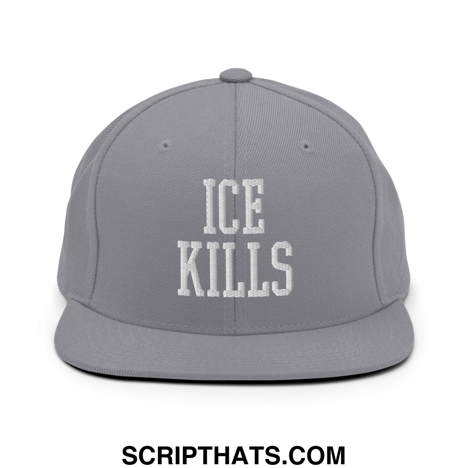 Gray flat bill snapback hat with white embroidered ice kills text on front in cotton material