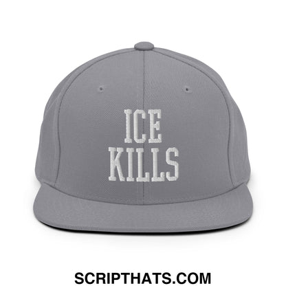 Gray flat bill snapback hat with white embroidered ice kills text on front in cotton material