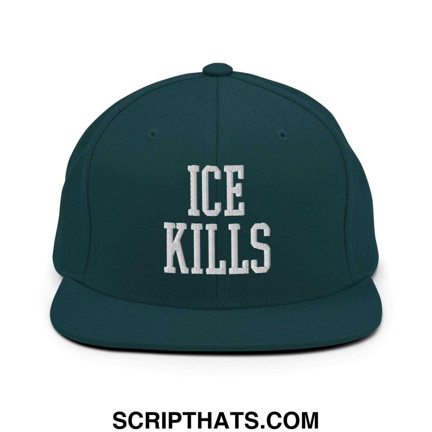 Dark green snapback hat with white embroidered ice kills text and flat bill brim for casual wear