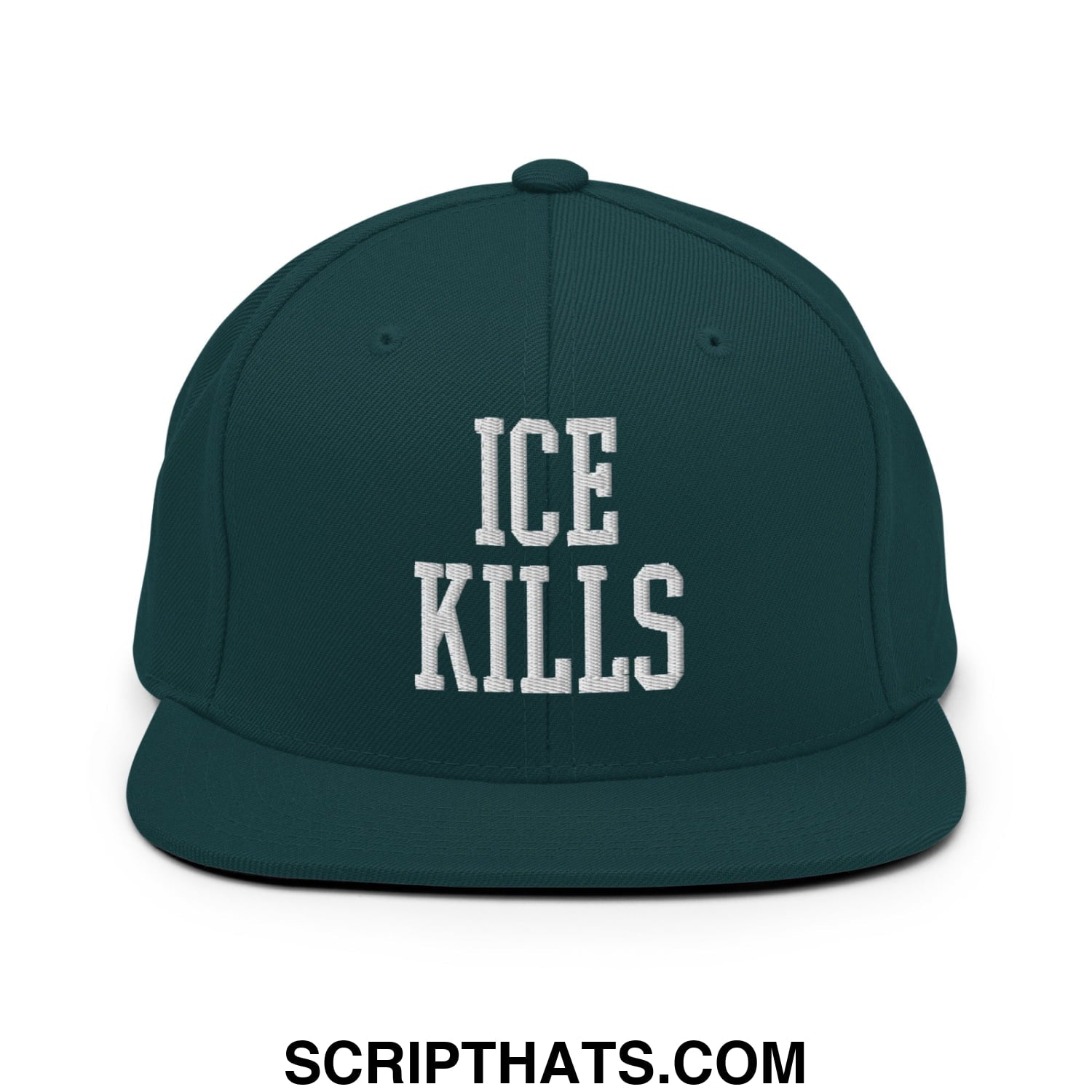 Dark green snapback hat with white embroidered ice kills text and flat bill brim for casual wear