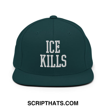Dark green snapback hat with white embroidered ice kills text and flat bill brim for casual wear